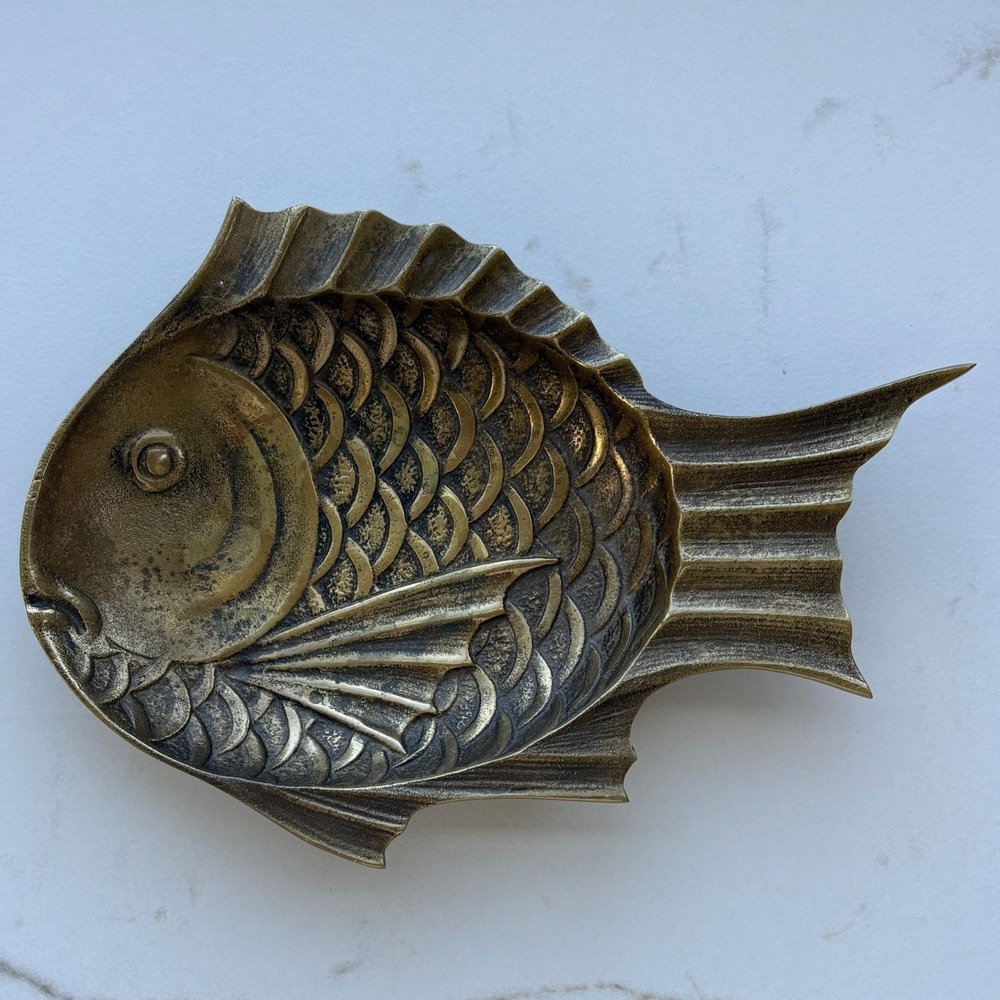 Vintage Solid Brass Fish Trinket Dish Nautical Soap Tray Decorative Bowl 8.5"